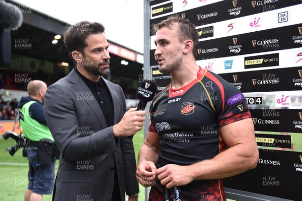 080918 - Dragons v Southern Kings - Guinness PRO14 - Gethin Jones of Premier Sports talks to Ollie Griffiths of Dragons