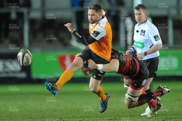 230318 - Dragons v Toyota Cheetahs - Guinness PRO14 - Tian Meyer of Toyota Cheetahs is tackled by Harrison Keddie of Dragons