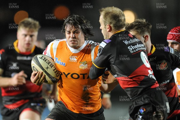 230318 - Dragons v Toyota Cheetahs - Guinness PRO14 -  Francois Venter of Toyota Cheetahs is tackled by Sarel Pretorius of Dragons  