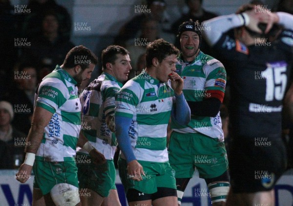 080213 Newport Gwent Dragons v Treviso - RaboDirectPro12 -Treviso try scorer Doppies La Bernado is congratulated by team mates 