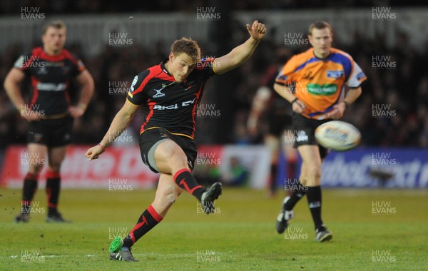 130412 - Newport-Gwent Dragons v Benetton Treviso - RaboDirect PRO12 -Lewis Robling of Newport-Gwent Dragons kicks at goal