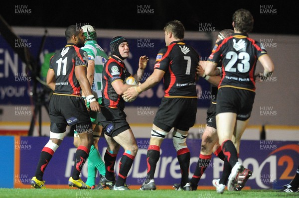 130412 - Newport-Gwent Dragons v Benetton Treviso - RaboDirect PRO12 -Adam Hughes of Newport-Gwent Dragons celebrates his try