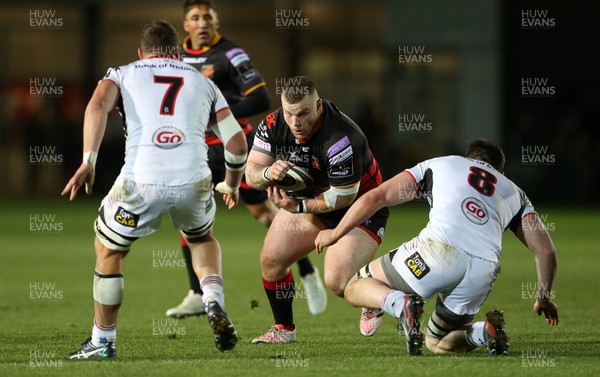 011217 - Dragons v Ulster - Guinness PRO14 - Lloyd Fairbrother of Dragons is tackled by Stuart Reidy and Nick Timoney of Ulster