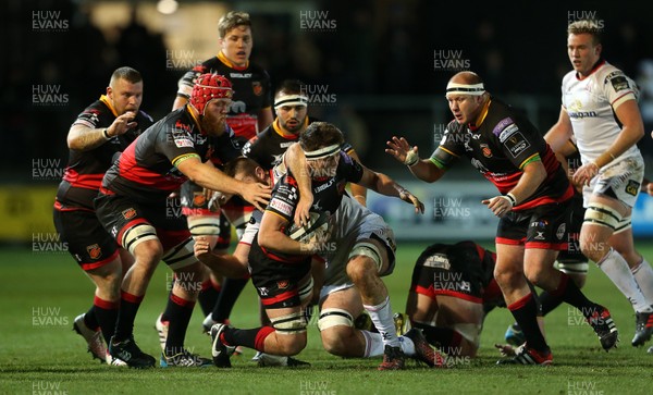 011217 - Dragons v Ulster - Guinness PRO14 - James Benjamin of Dragons is tackled by Alan O'Connor of Ulster