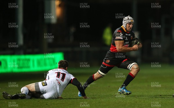 011217 - Dragons v Ulster - Guinness PRO14 - Ollie Griffiths of Dragons goes past Louis Ludik of Ulster