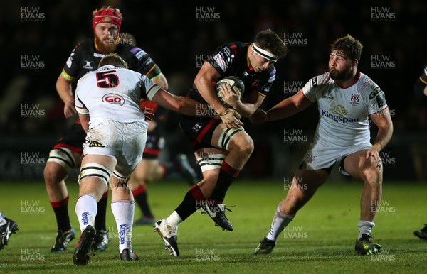 011217 - Dragons v Ulster - Guinness PRO14 - James Benjamin of Dragons is tackled by Kieran Treadwell of Ulster