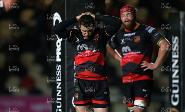 011217 - Dragons v Ulster - Guinness PRO14 - Dejected Adam Warren of Dragons at full time