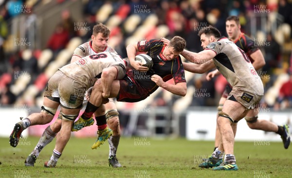 030319 - Dragons v Ulster - Guinness PRO14 - Jarryd Sage of Dragons is tackled by Nick Timoney of Ulster
