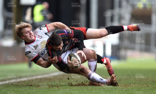 030319 - Dragons v Ulster - Guinness PRO14 - Jordan Williams of Dragons is tackled by Rob Lyttle of Ulster