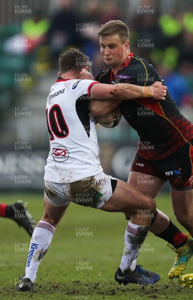 030319 - Dragons v Ulster, Guinness PRO14 - Jarryd Sage of Dragons takes on Billy Burns of Ulster and John Cooney of Ulster