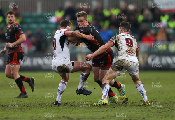 030319 - Dragons v Ulster, Guinness PRO14 - Jarryd Sage of Dragons takes on Billy Burns of Ulster and John Cooney of Ulster