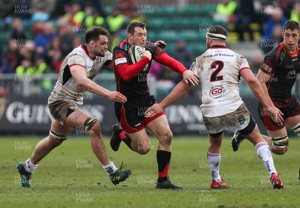 030319 - Dragons v Ulster, Guinness PRO14 - Adam Warren of Dragons takes on Clive Ross of Ulster and Rob Herring of Ulster