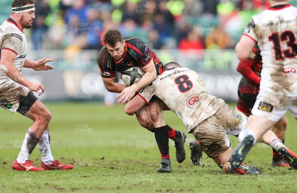 030319 - Dragons v Ulster, Guinness PRO14 - Josh Lewis of Dragons is tackled by Nick Timoney of Ulster