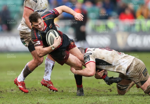 030319 - Dragons v Ulster, Guinness PRO14 - Josh Lewis of Dragons is tackled by Nick Timoney of Ulster