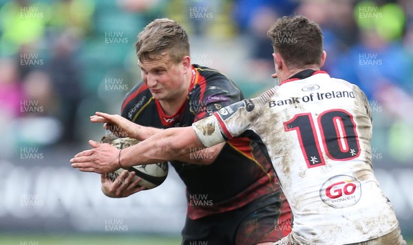 030319 - Dragons v Ulster, Guinness PRO14 - Jordan Williams of Dragons takes on Billy Burns of Ulster