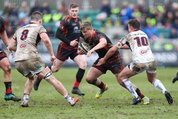 030319 - Dragons v Ulster, Guinness PRO14 - Jordan Williams of Dragons takes on Billy Burns of Ulster and Nick Timoney of Ulster