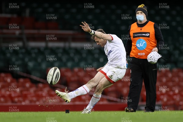 130321 - Dragons v Ulster - Guinness PRO14 - Michael Lowry of Ulster kicks the conversion