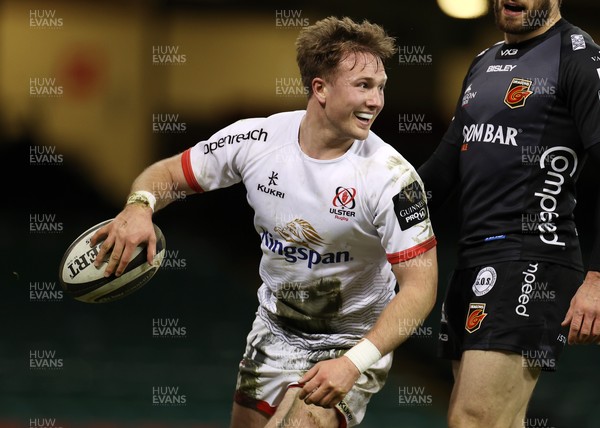 130321 - Dragons v Ulster - Guinness PRO14 - Stewart Moore of Ulster celebrates scoring a try