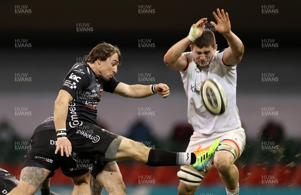 130321 - Dragons v Ulster - Guinness PRO14 - Rhodri Williams of Dragons clears the ball