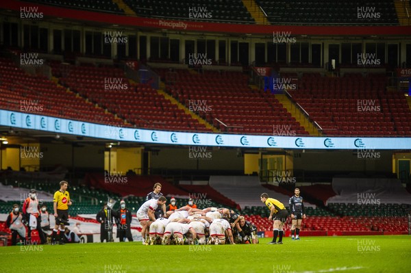 130321 - Dragons v Ulster - Guinness PRO14 - General view of a scrum in Principality Stadium