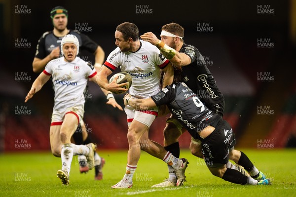 130321 - Dragons v Ulster - Guinness PRO14 - Alby Mathewson of Ulster is tackled by Rhodri Williams of Dragons and Harrison Keddie of Dragons