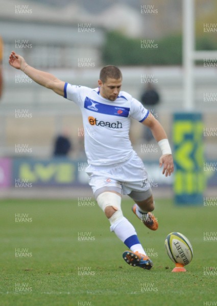 161113 - Newport Gwent Dragons v London Wasps - LV Cup -Steffan Jones of Newport Gwent Dragons kicks a conversion(c)Huw Evans Picture Agency