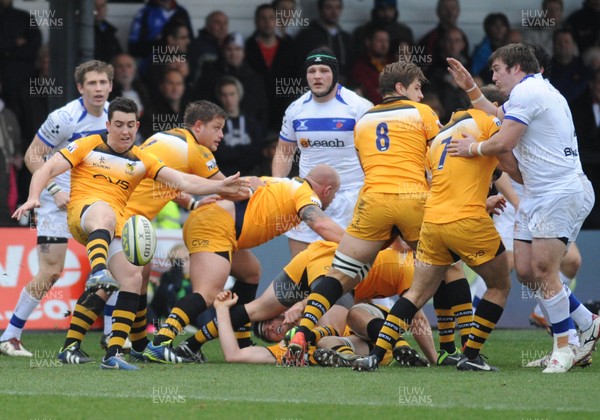 161113 - Newport Gwent Dragons v London Wasps - LV Cup -Jack Moates of London Wasps clears the ball from a ruck(c)Huw Evans Picture Agency