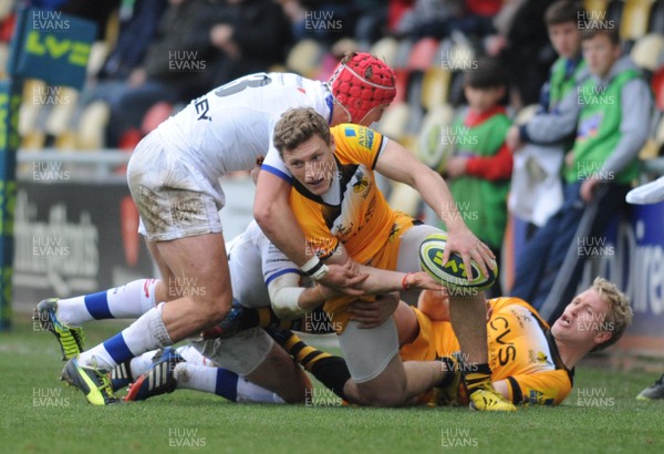 161113 - Newport Gwent Dragons v London Wasps - LV Cup -Jonah Holmes of London Wasps is tackled by Tyler Morgan of Newport Gwent Dragons(c)Huw Evans Picture Agency