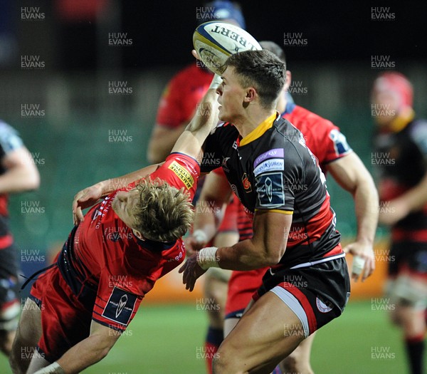 020218 - Dragons v Worcester Warriors Anglo Welsh Cup Jared Rosser tackles Tom Howe