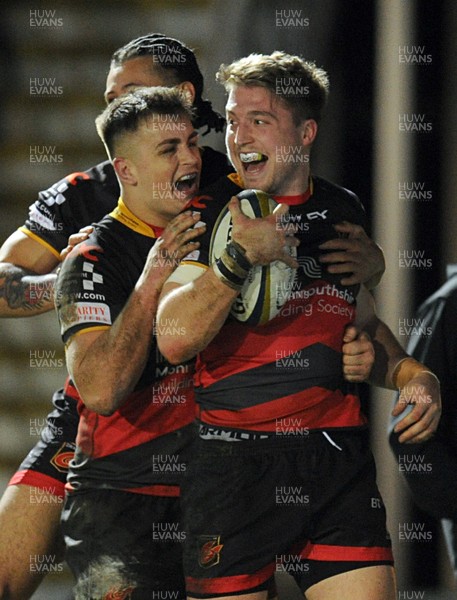 020218 - Dragons v Worcester Warriors - Anglo Welsh Cup -  Dragons Tyler Morgan celebrates his try