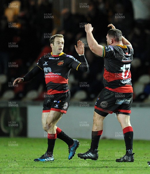 020218 - Dragons v Worcester Warriors - Anglo Welsh Cup -  Dragons Sarel Pretorious and Luke Garrett celebrate the win 