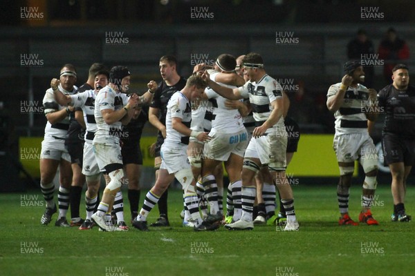 301119 - Dragons v Zebre- Guinness PRO14 -   Players of Zebre celebrate an away win at the final whistle 