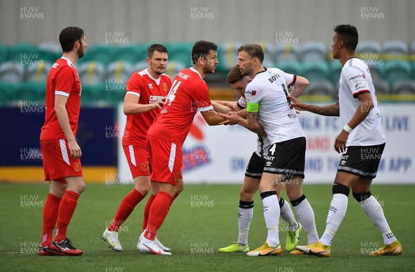 080721 Dundalk v Newtown, UEFA Europa Conference League first qualifying round first leg - Newtown players Jamie Breese and Aaron Williams with Dundalk players Darragh Leahy and Andy Boyle before a corner kick