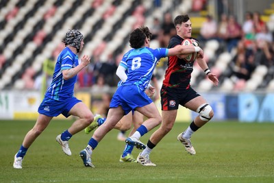 270426 - Dyffryn Taf v Bro Morgannwg - Road to Principality Finals - Boys U18s Cup - Callum German of Dyffryn Taf is challenged by Charlie Williams of Bro Morgannwg