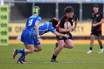 270426 - Dyffryn Taf v Bro Morgannwg - Road to Principality Finals - Boys U18s Cup - Jack Monk of Dyffryn Taf is challenged by Aled Phillips of Bro Morgannwg
