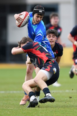 270426 - Dyffryn Taf v Bro Morgannwg - Road to Principality Finals - Boys U18s Cup - Richie Jenkins of Bro Morgannwg is challenged by Shay Morgan of Dyffryn Taf