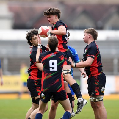 270426 - Dyffryn Taf v Bro Morgannwg - Road to Principality Finals - Boys U18s Cup - Sol Roberts of Dyffryn Taf wins the line-out