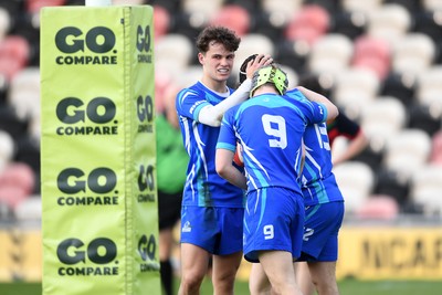 270426 - Dyffryn Taf v Bro Morgannwg - Road to Principality Finals - Boys U18s Cup - Richie Jenkins of Bro Morgannwg celebrates scoring a try with team mates