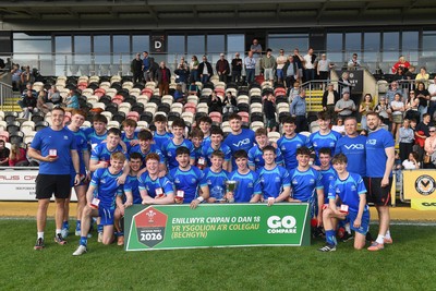 270426 - Dyffryn Taf v Bro Morgannwg - Road to Principality Finals - Boys U18s Cup - Bro Morgannwg players celebrate lifting the trophy at full time
