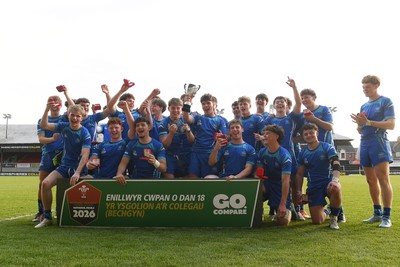 270426 - Dyffryn Taf v Bro Morgannwg - Road to Principality Finals - Boys U18s Cup - Bro Morgannwg players celebrate lifting the trophy at full time