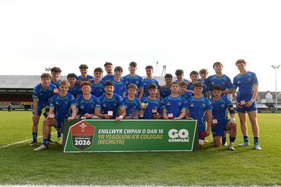 270426 - Dyffryn Taf v Bro Morgannwg - Road to Principality Finals - Boys U18s Cup - Bro Morgannwg players celebrate lifting the trophy at full time