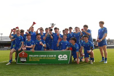 270426 - Dyffryn Taf v Bro Morgannwg - Road to Principality Finals - Boys U18s Cup - Bro Morgannwg players celebrate lifting the trophy at full time