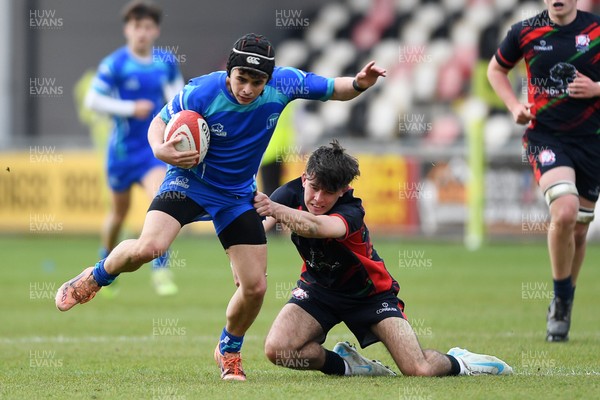 270426 - Dyffryn Taf v Bro Morgannwg - Road to Principality Finals - Boys U18s Cup - Richie Jenkins of Bro Morgannwg is challenged by Shay Morgan of Dyffryn Taf