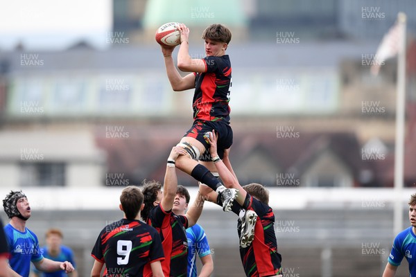 270426 - Dyffryn Taf v Bro Morgannwg - Road to Principality Finals - Boys U18s Cup - Sol Roberts of Dyffryn Taf wins the line-out