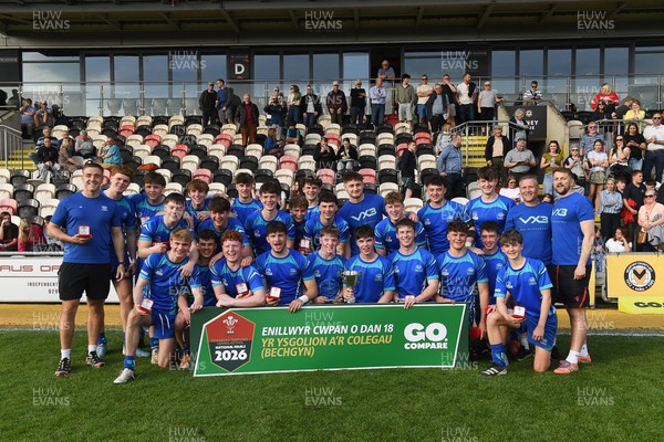 270426 - Dyffryn Taf v Bro Morgannwg - Road to Principality Finals - Boys U18s Cup - Bro Morgannwg players celebrate lifting the trophy at full time