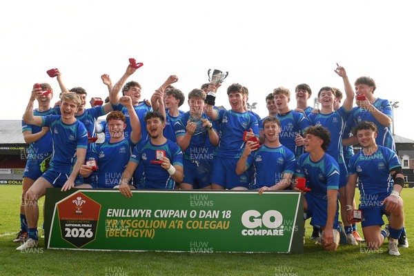 270426 - Dyffryn Taf v Bro Morgannwg - Road to Principality Finals - Boys U18s Cup - Bro Morgannwg players celebrate lifting the trophy at full time