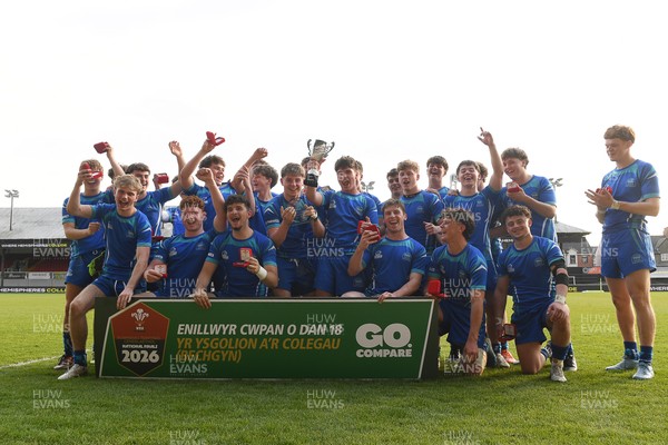 270426 - Dyffryn Taf v Bro Morgannwg - Road to Principality Finals - Boys U18s Cup - Bro Morgannwg players celebrate lifting the trophy at full time