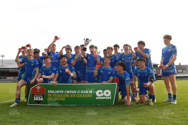270426 - Dyffryn Taf v Bro Morgannwg - Road to Principality Finals - Boys U18s Cup - Bro Morgannwg players celebrate lifting the trophy at full time