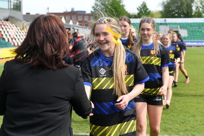 290426 - Dyffryn Taff v Bryncelynnog - Girls Schools Final U14 - Road To Principality Finals - Bryncelynnog players receive their medals
