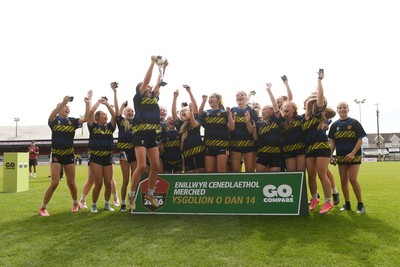 290426 - Dyffryn Taff v Bryncelynnog - Girls Schools Final U14 - Road To Principality Finals - Bryncelynnog players celebrate lifting the trophy at full time